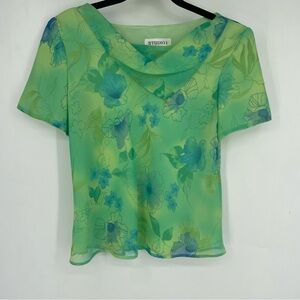 Vintage Y2K 10 Green Fairy Whimsical Sheer Top Blouse Flowy Floral Short Sleeve